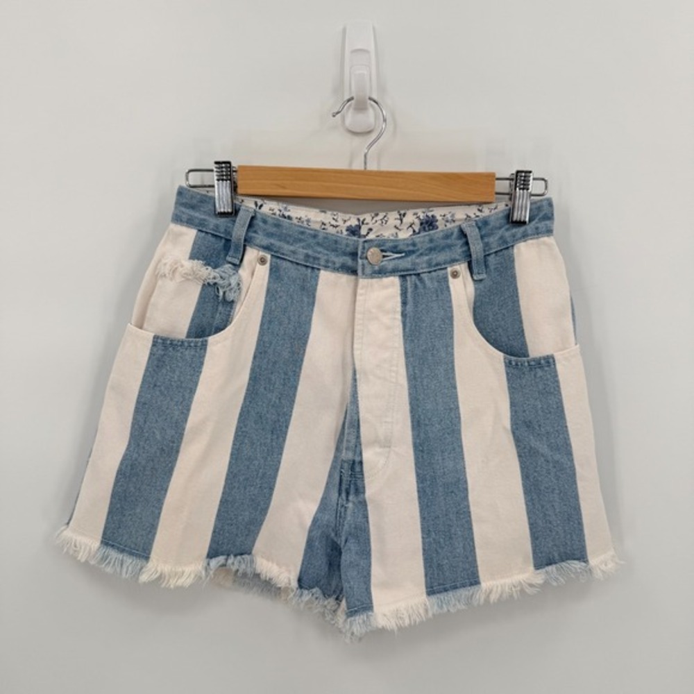 Vintage Womens Blue White Striped Cut Off High Waist Shorts Size 11/12 90's